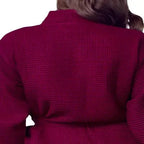 Back view of a small wine-red lightweight Lotus Linen women's waffle robe, quick-dry spa comfort with textured fabric.