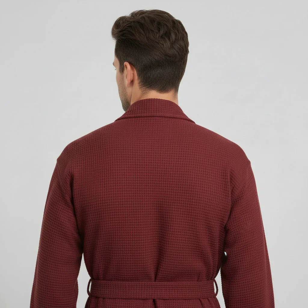 Wine red Lotus Linen men's waffle spa bathrobe shown from the back, lightweight and absorbent for comfortable lounging.