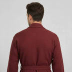 Wine red Lotus Linen men's waffle spa bathrobe shown from the back, lightweight and absorbent for comfortable lounging.