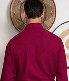 Back view of Lotus Linen men's waffle spa bathrobe in small wine red, lightweight and absorbent fabric.