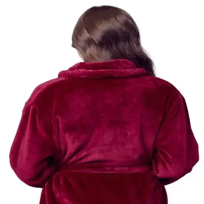 Women's wine red plush bathrobe by Lotus Linen, showing the back view with soft, cozy fabric and small size fit.