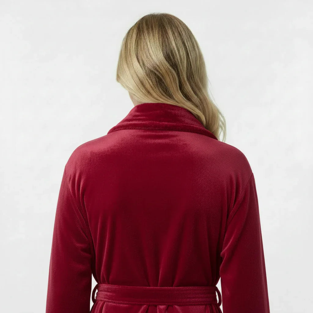 Wine red women's plush bathrobe from Lotus Linen, showing the back view with a soft, cozy fabric and relaxed fit.