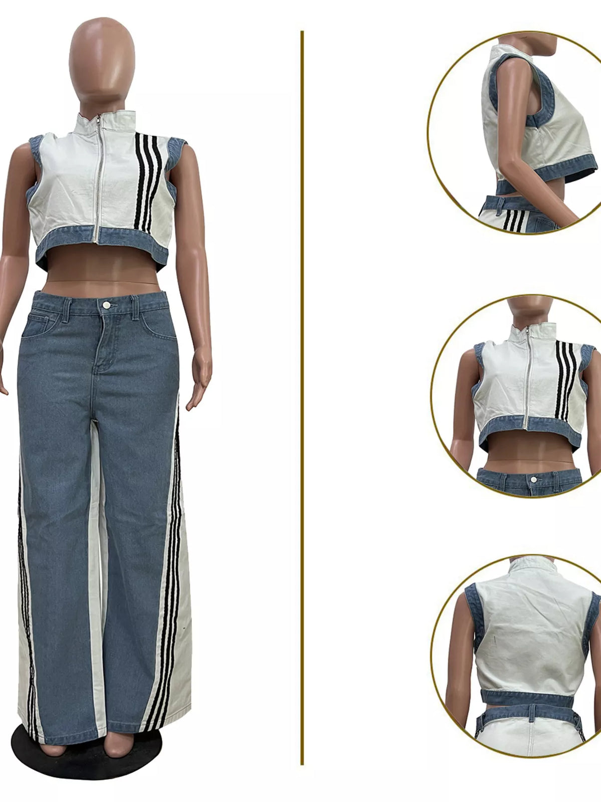 Zip front crop top and striped pants set from Plush Fashion Hub, stylish two-piece outfit with a modern, casual look.