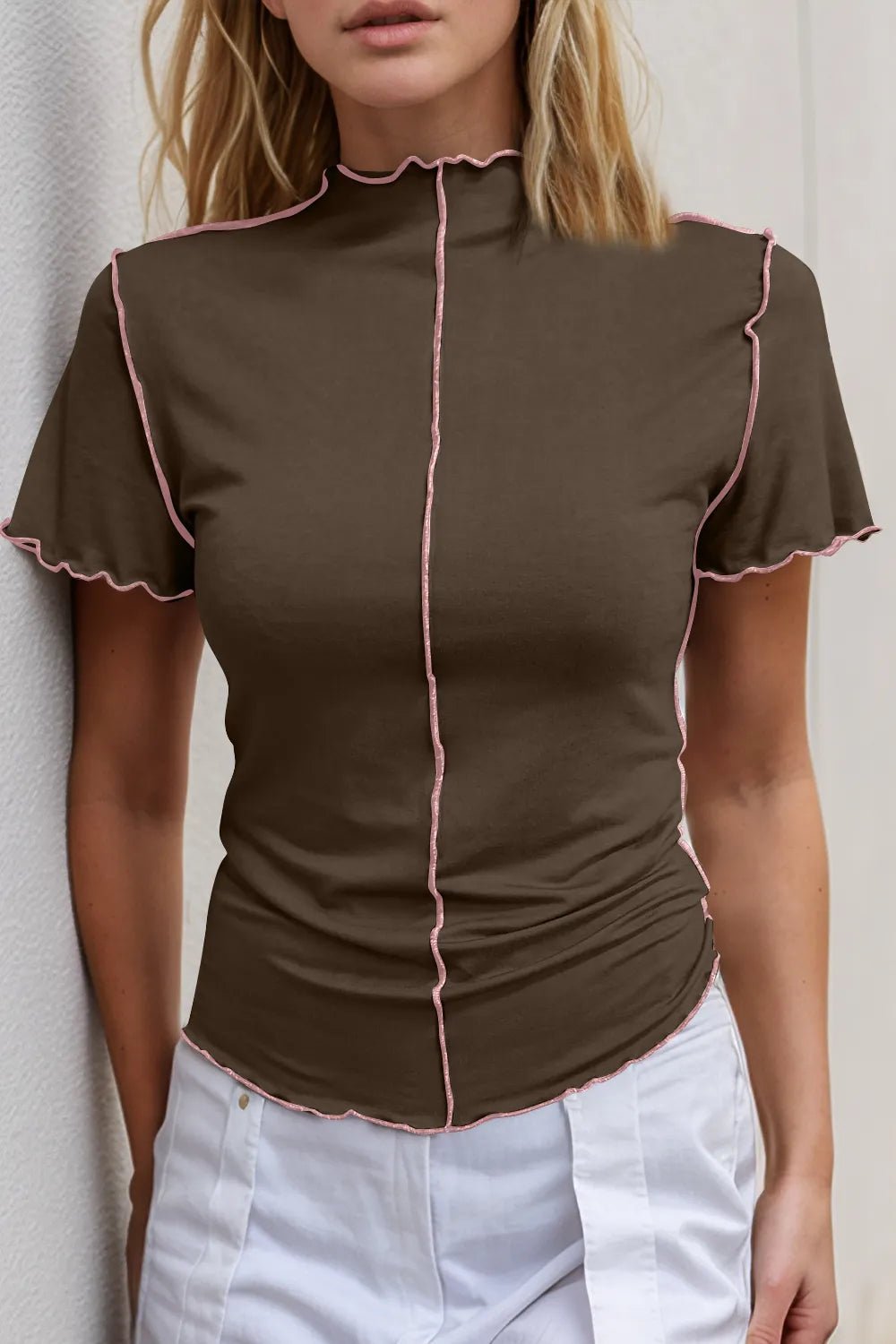 Women’s stretch knit short sleeve tee with contrast trim mock neck, by Plush Fashion Hub, showcasing a casual, fitted design.