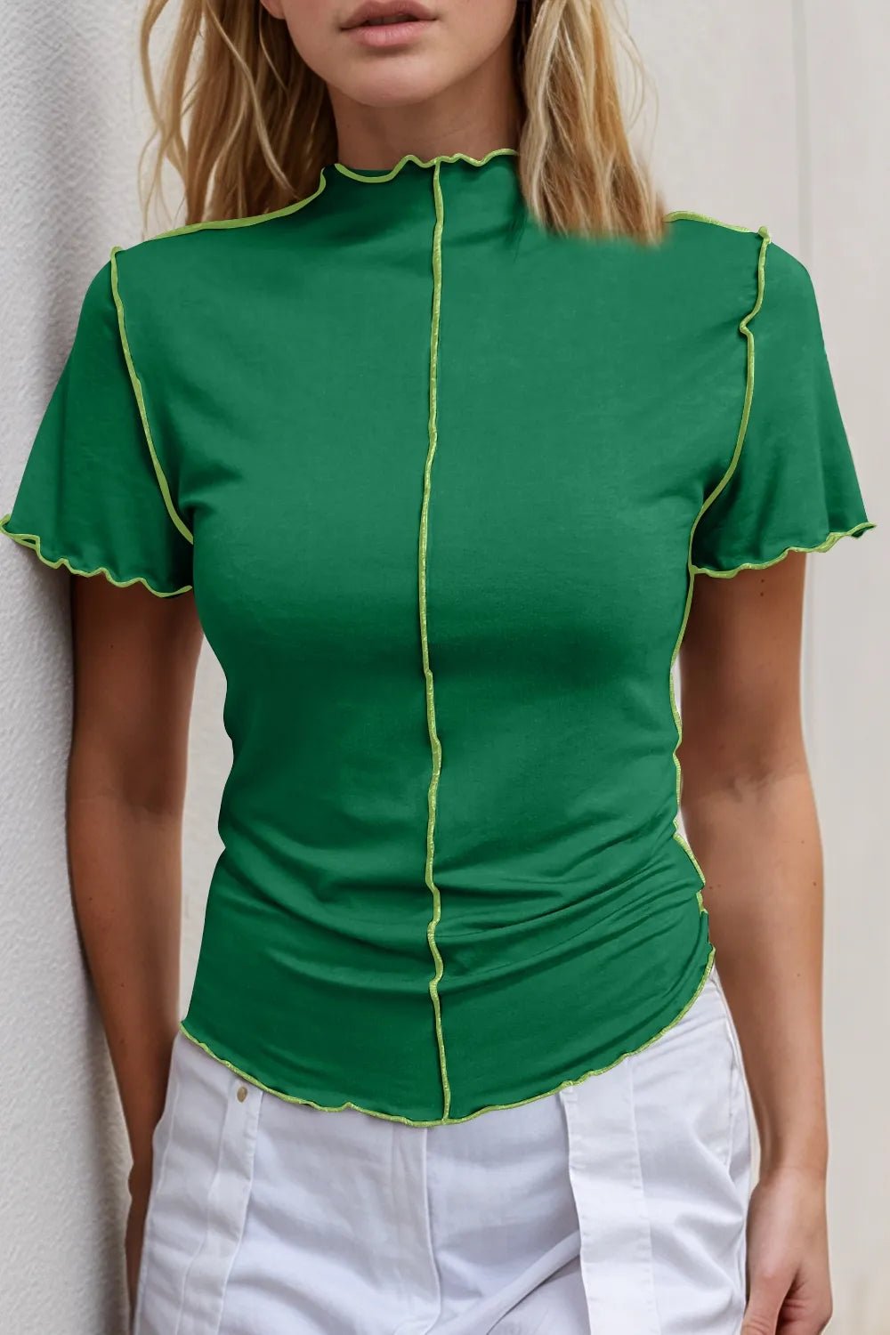 Women's stretch knit short sleeve mock neck tee with contrast trim, from Plush Fashion Hub, featuring a casual and stylish design.