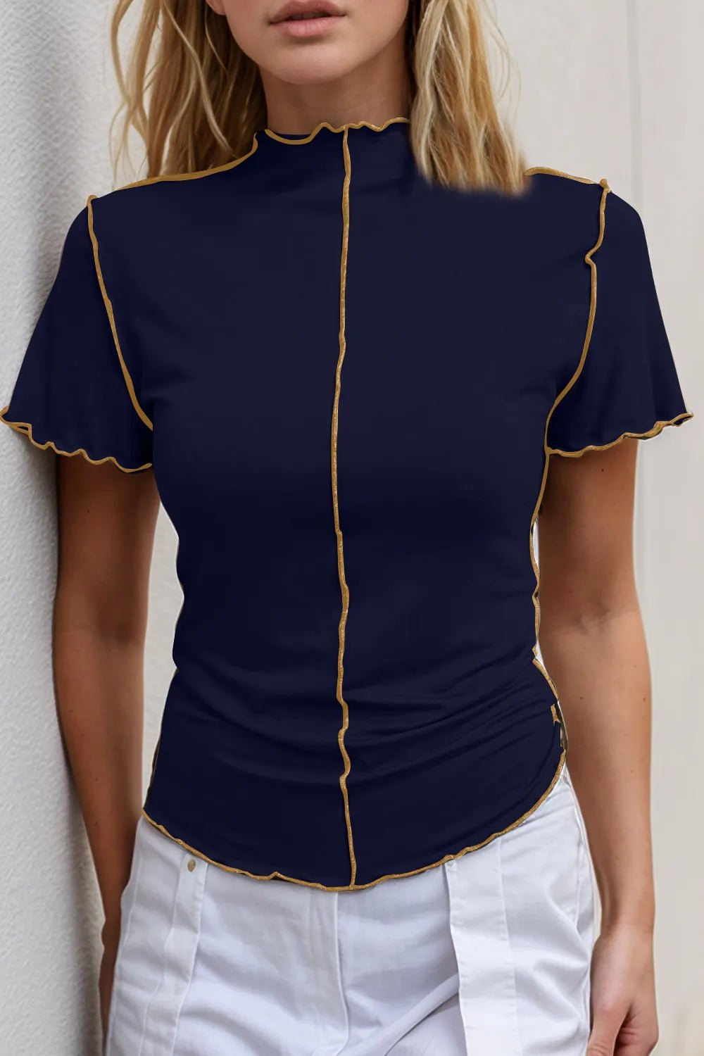 Women’s stretch knit short sleeve tee with contrast trim mock neck, from Plush Fashion Hub, showcasing a stylish casual top.