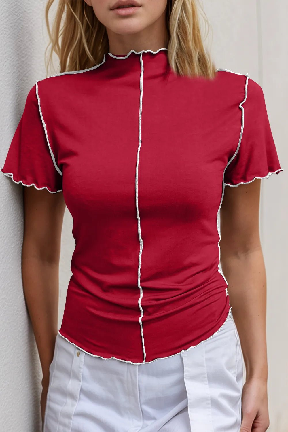Women's stretch knit short sleeve tee with contrast trim and mock neck from Plush Fashion Hub, casual women's apparel.