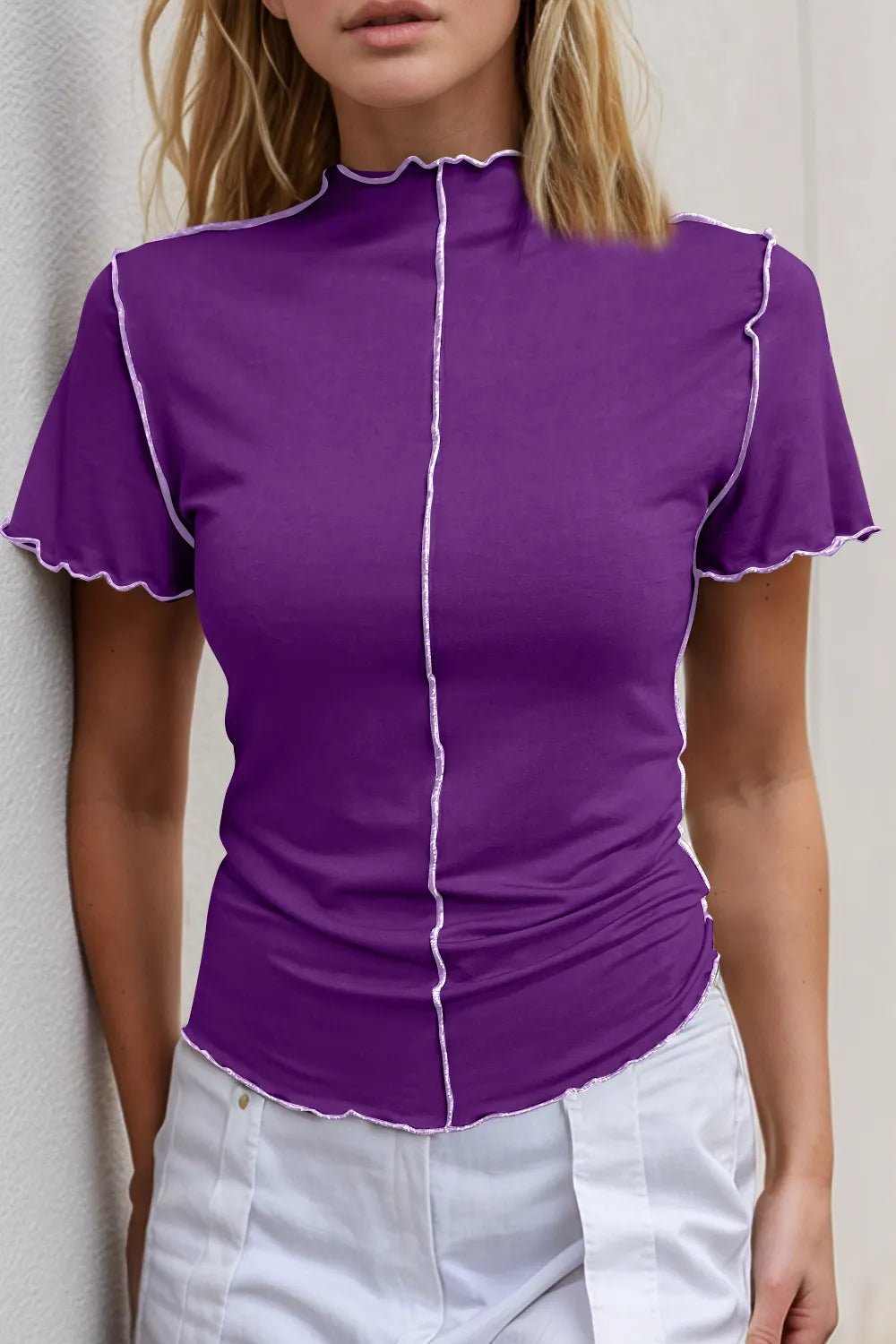 Women’s stretch knit short sleeve tee with contrast trim mock neck, by Plush Fashion Hub, casual women’s apparel.