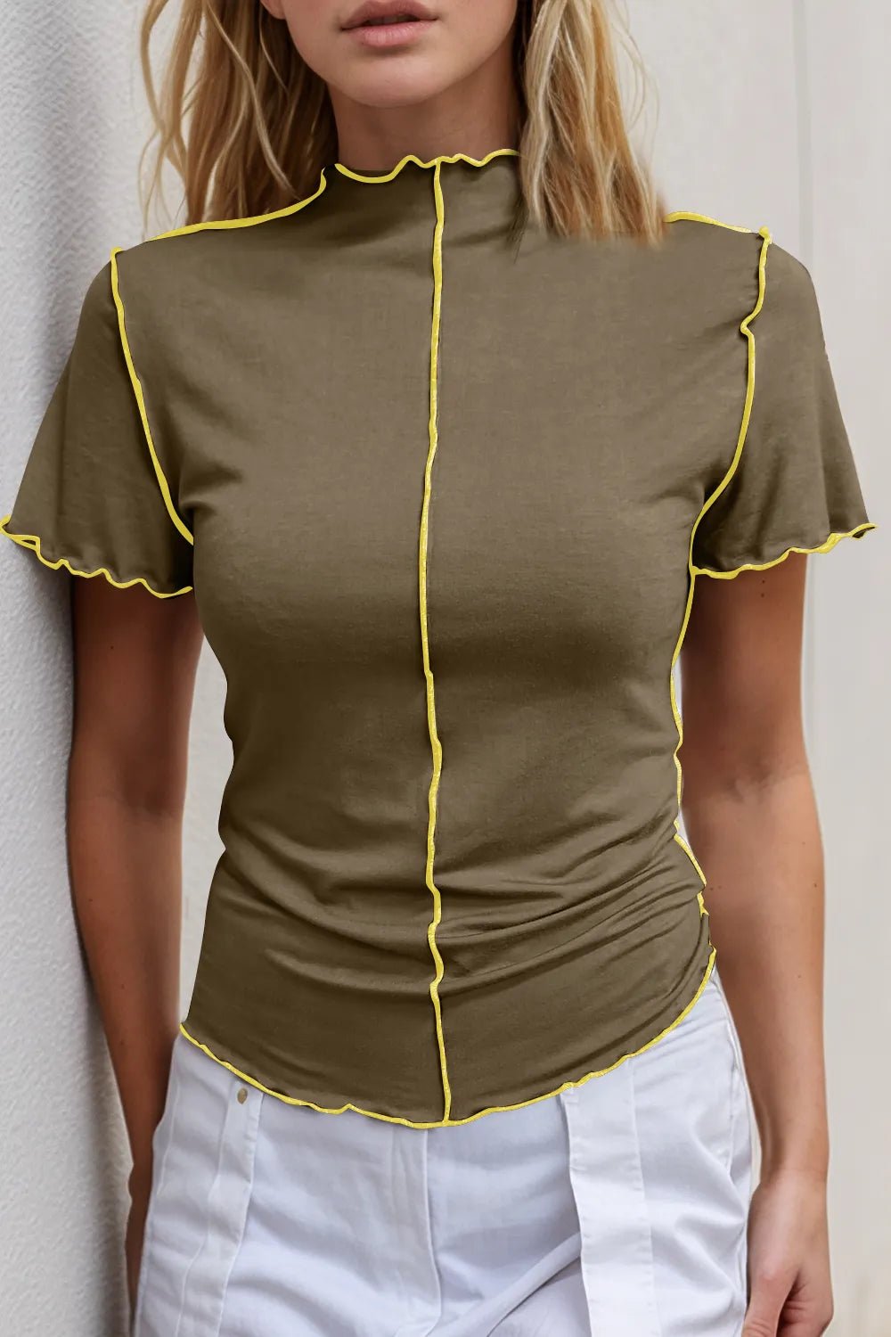 Women's stretch knit short sleeve tee with contrast trim and mock neck, in a basic style from Plush Fashion Hub.