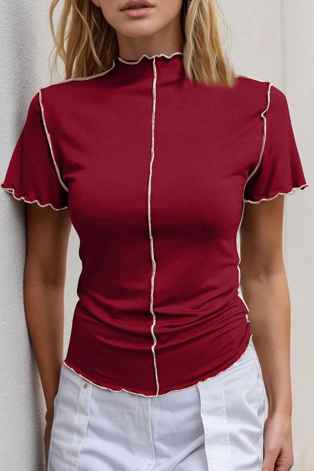 Women's stretch knit short sleeve tee with contrast trim mock neck, from Plush Fashion Hub, showcasing a fitted, stylish casual top.