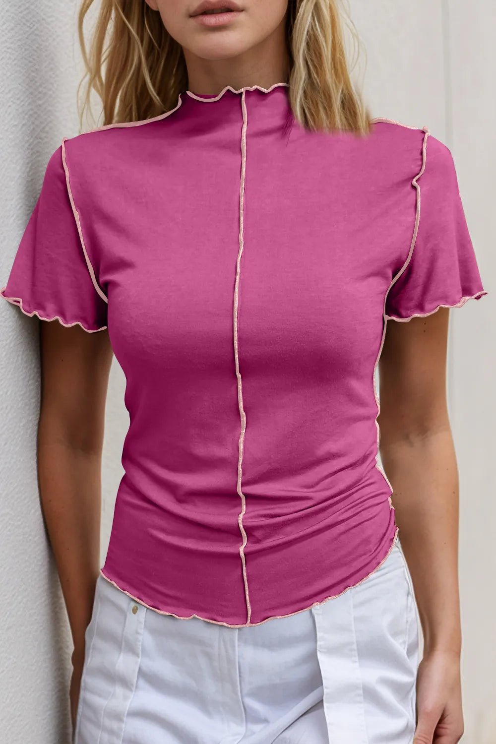 Women's stretch knit short sleeve tee with contrast trim mock neck from Plush Fashion Hub, showcasing a casual, fitted design.