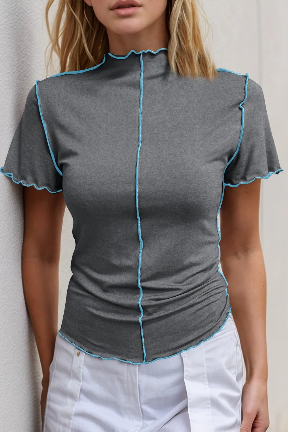 Women’s stretch knit mock neck short sleeve tee from Plush Fashion Hub with contrast trim, casual women’s apparel.