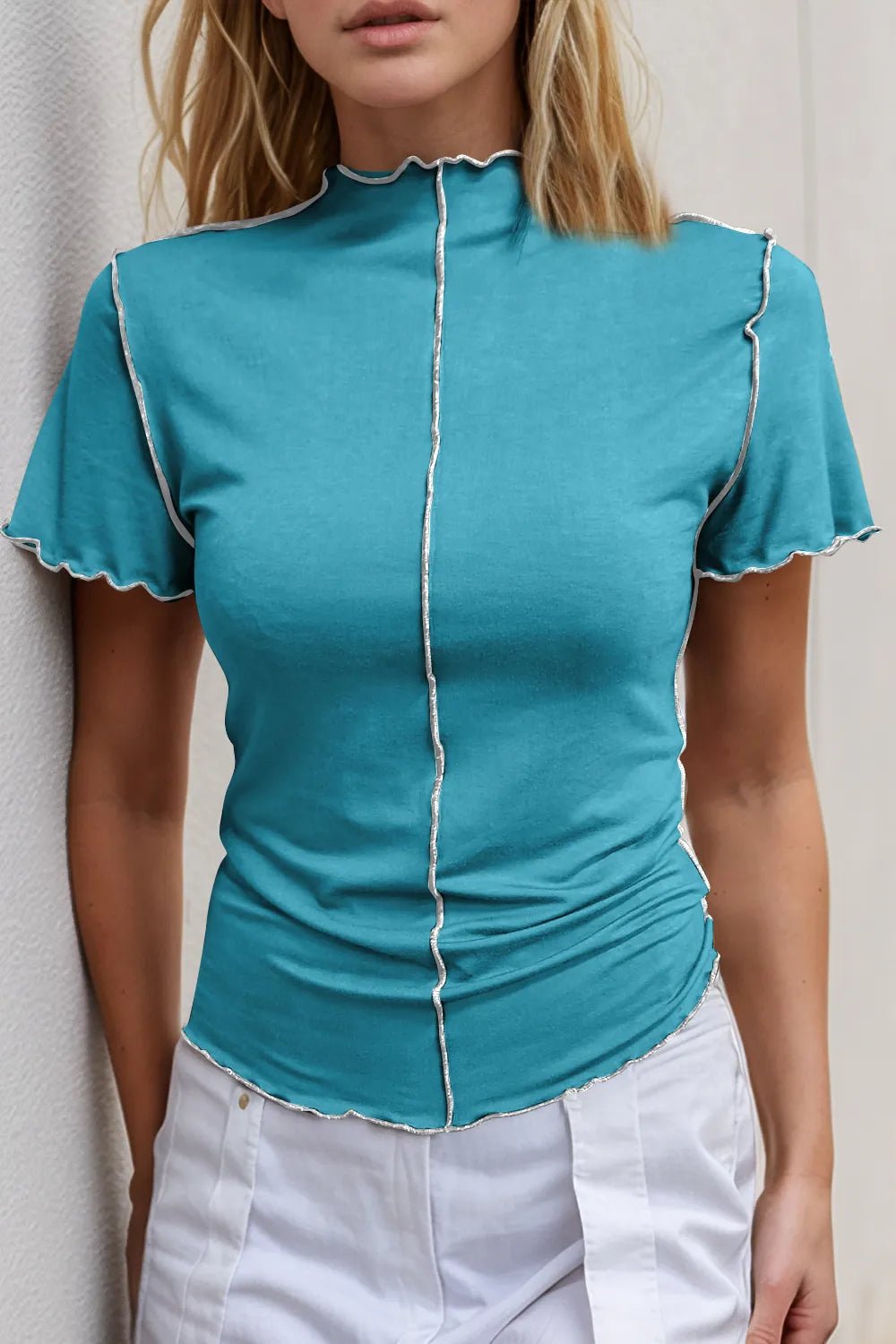 Women's stretch knit short sleeve tee with contrast trim mock neck, from Plush Fashion Hub, showcasing a casual, stylish fit.