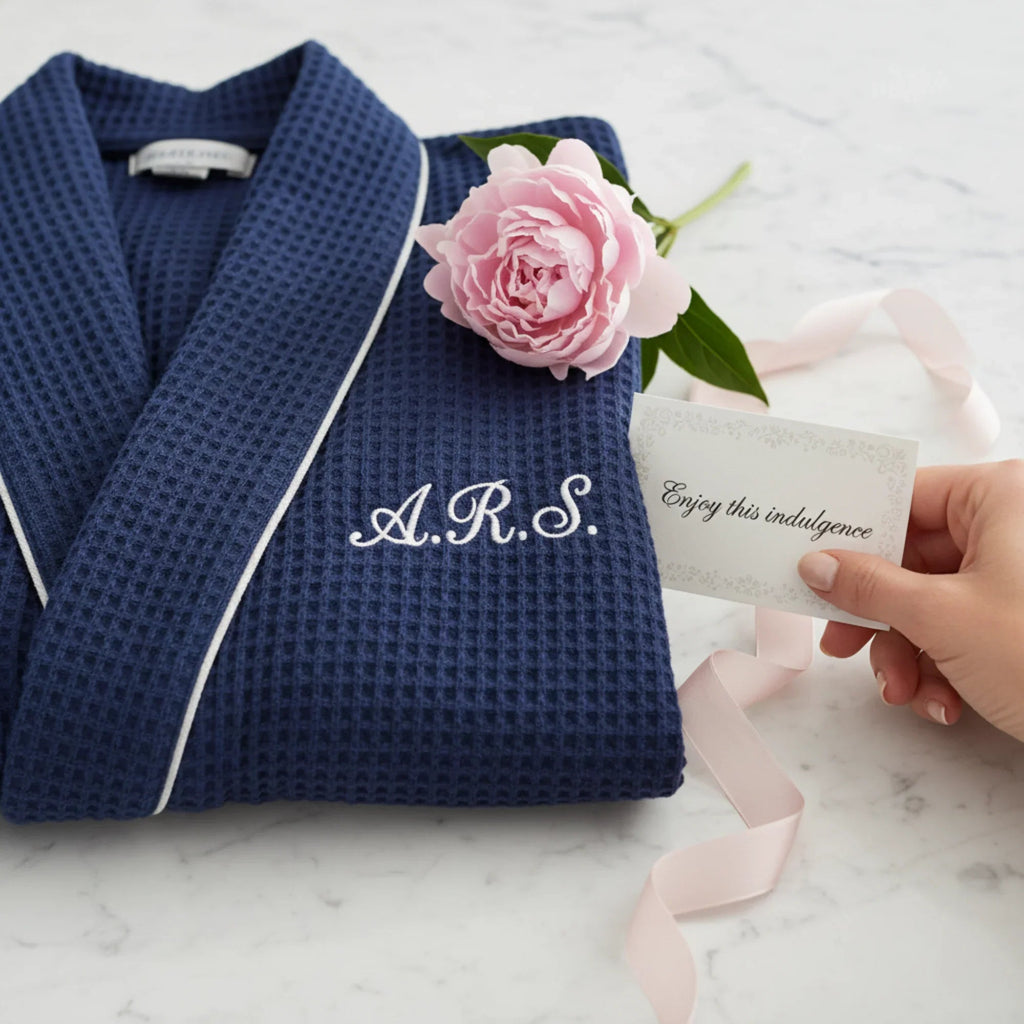Lightweight women’s waffle piping bathrobe by Lotus Linen, spa-style comfort with cozy, soft fabric and relaxed fit.