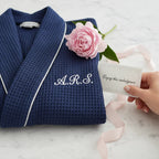 Lightweight women’s waffle piping bathrobe by Lotus Linen, spa-style comfort with cozy, soft fabric and relaxed fit.
