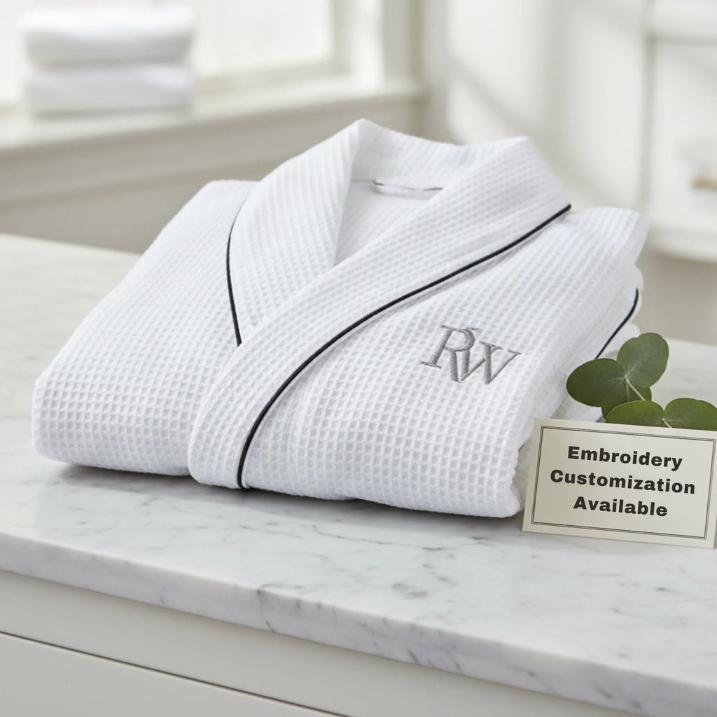 Lotus Linen men's premium waffle piping robe, soft and comfortable bathrobe with a stylish design, ideal for relaxing at home.