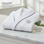 Lotus Linen men's premium waffle piping robe, soft and comfortable bathrobe with a stylish design, ideal for relaxing at home.