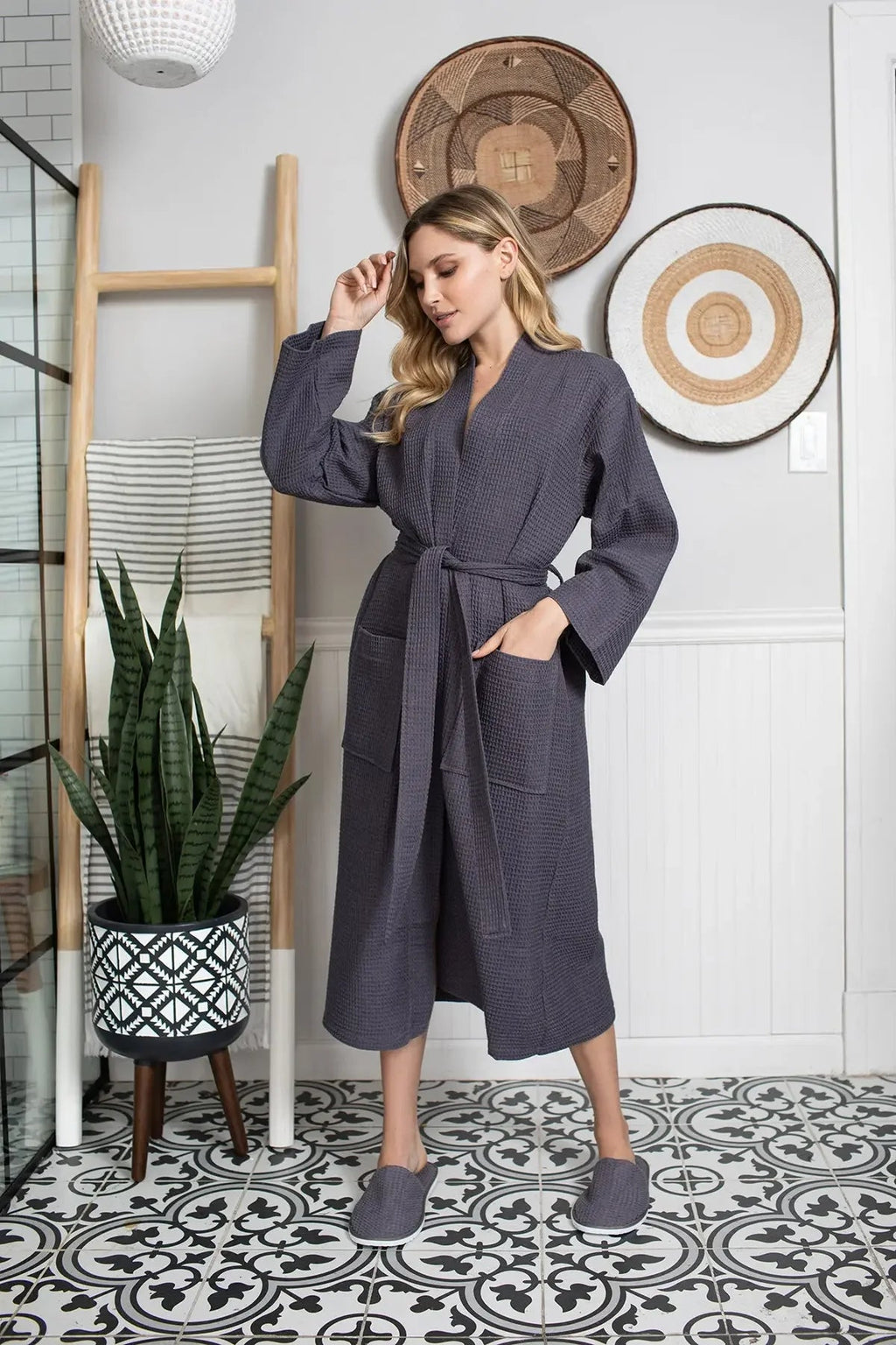 Lightweight Lotus Linen women's waffle robe with quick-dry spa comfort, soft fabric, and cozy fit for relaxing at home.