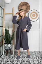Lightweight Lotus Linen women's waffle robe with quick-dry spa comfort, soft fabric, and cozy fit for relaxing at home.