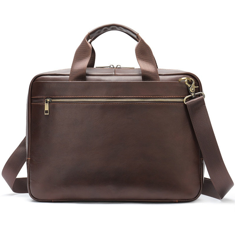 Genuine leather Pi-Mart large capacity men's briefcase with horizontal design, first-layer cowhide for computer storage and professional style.