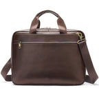 Genuine leather Pi-Mart large capacity men's briefcase with horizontal design, first-layer cowhide for computer storage and professional style.