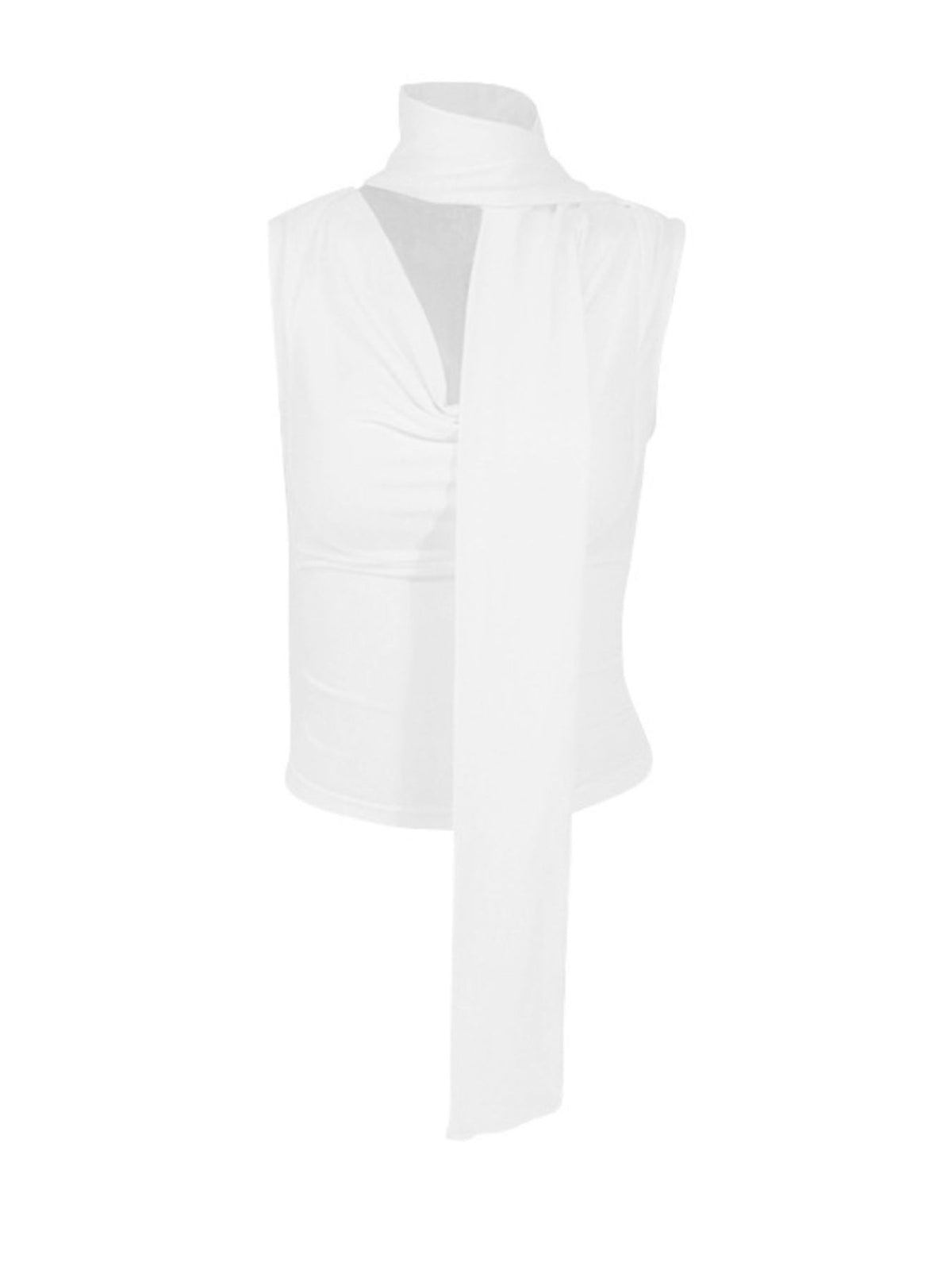 Satin-feel cowl neck sleeveless blouse with ruched details by Plush Fashion Hub, featuring a stylish, elegant design.