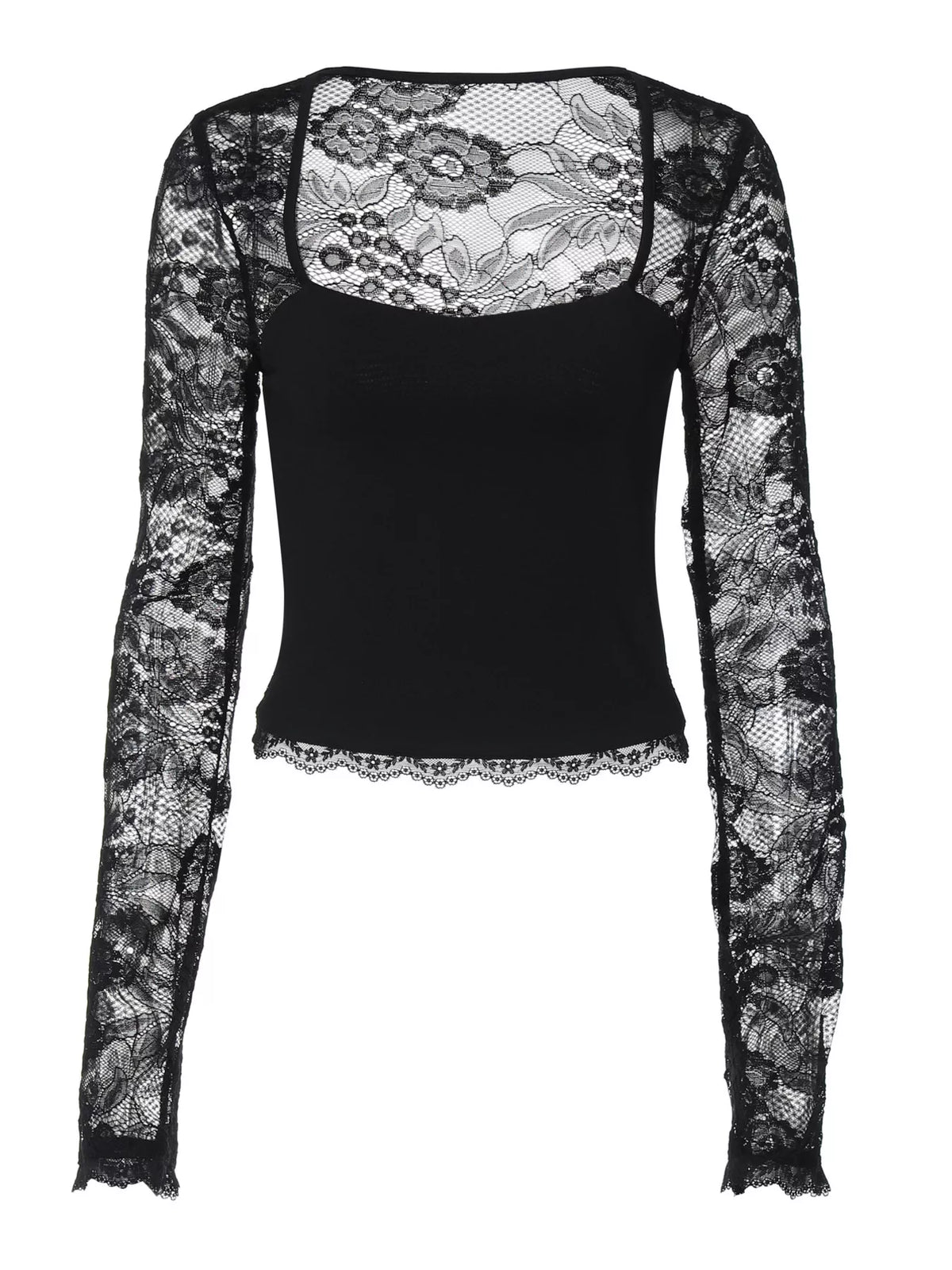 Sheer lace sleeve square neck t-shirt by Plush Fashion Hub, featuring delicate lace details and a stylish square neckline.