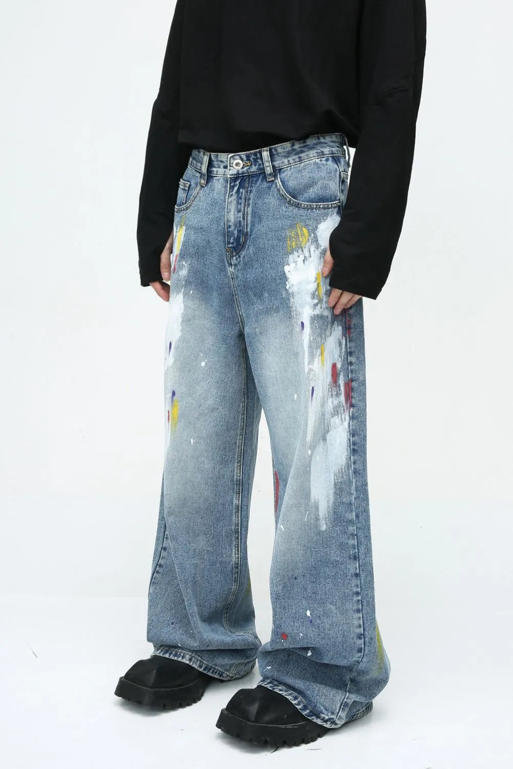 Plush Fashion Hub denim jeans with stylish painted design and functional pockets, casual and trendy for everyday wear.