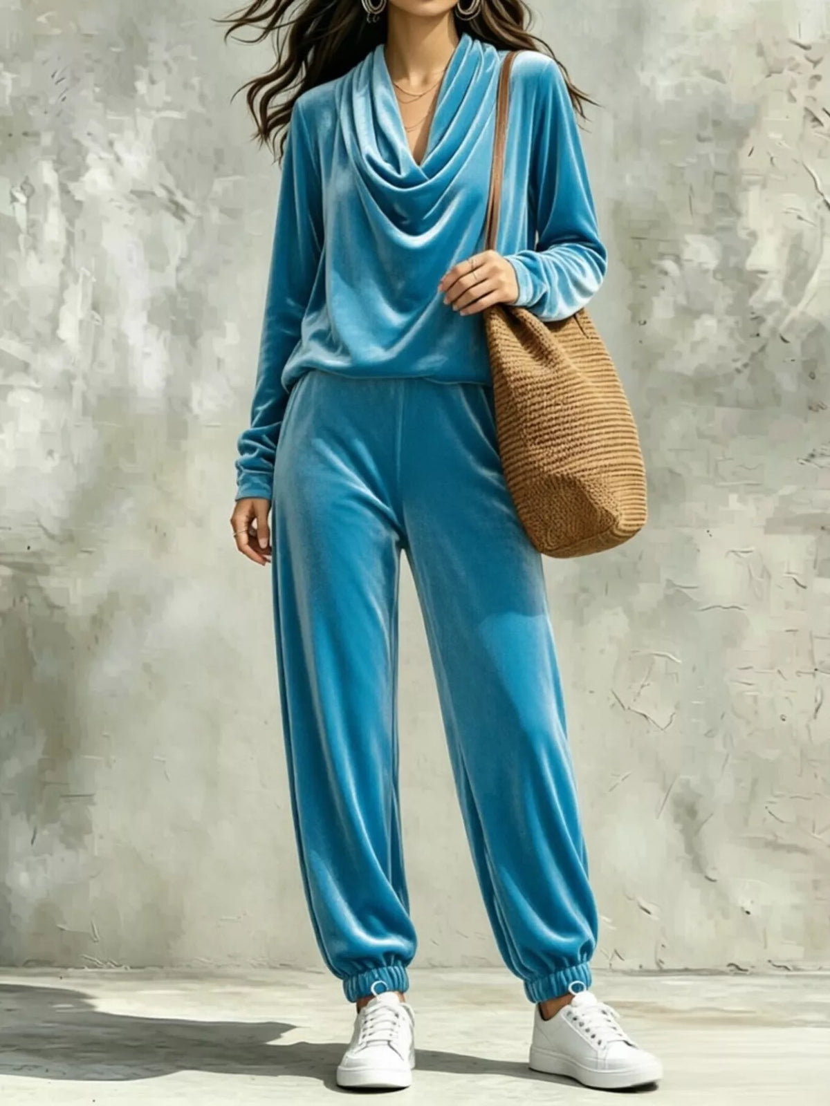 Women's cowl neck top and joggers set by Trendsi, featuring a cozy, stylish matching outfit with soft fabric and relaxed fit.