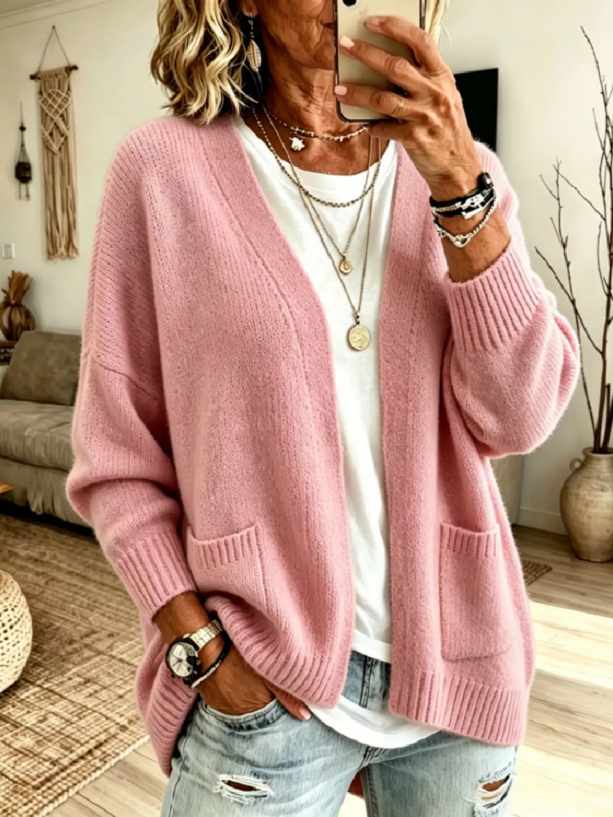 Open front knit cardigan with pockets from Trendsi, featuring a cozy, stylish design and soft knit fabric.