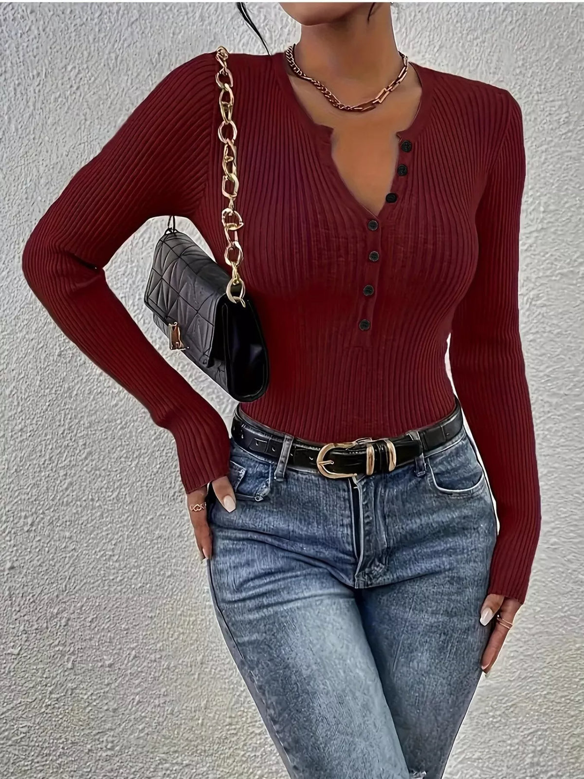 Ribbed knit button-front top by Simply Love featuring a fitted design and textured ribbed fabric, suitable for casual and stylish wear.