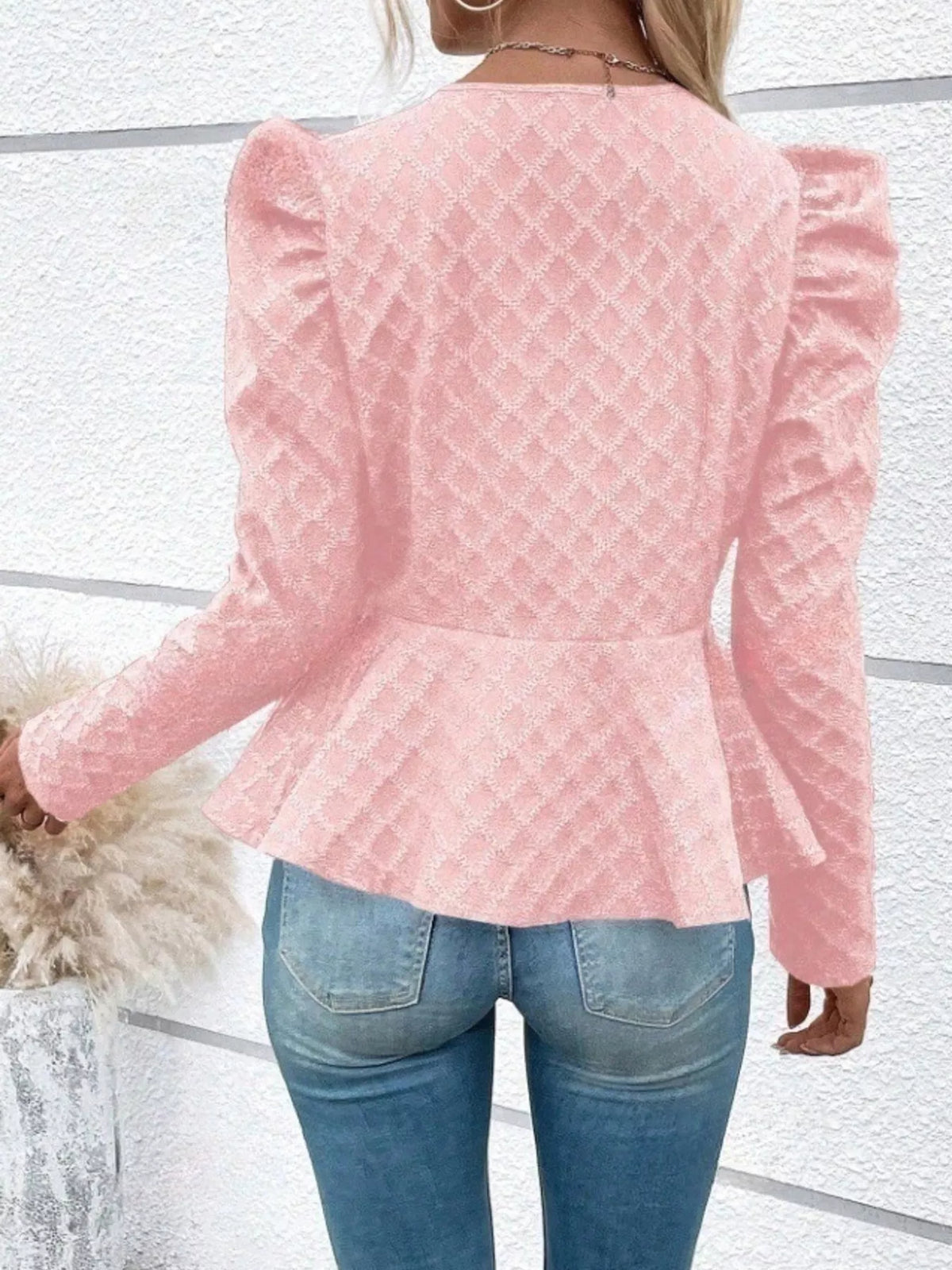 Women’s textured jacquard jacket with puff sleeves, stylish and lightweight, from Trendsi.