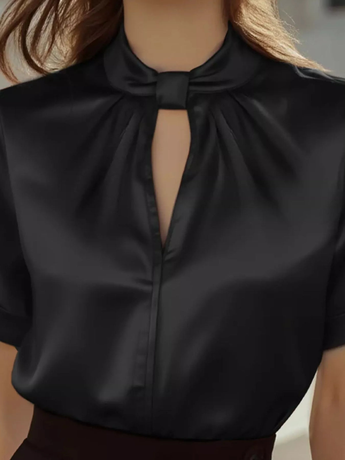 Plush Fashion Hub satin blouse with a keyhole neckline and short sleeves, featuring a stylish and smooth fabric finish.