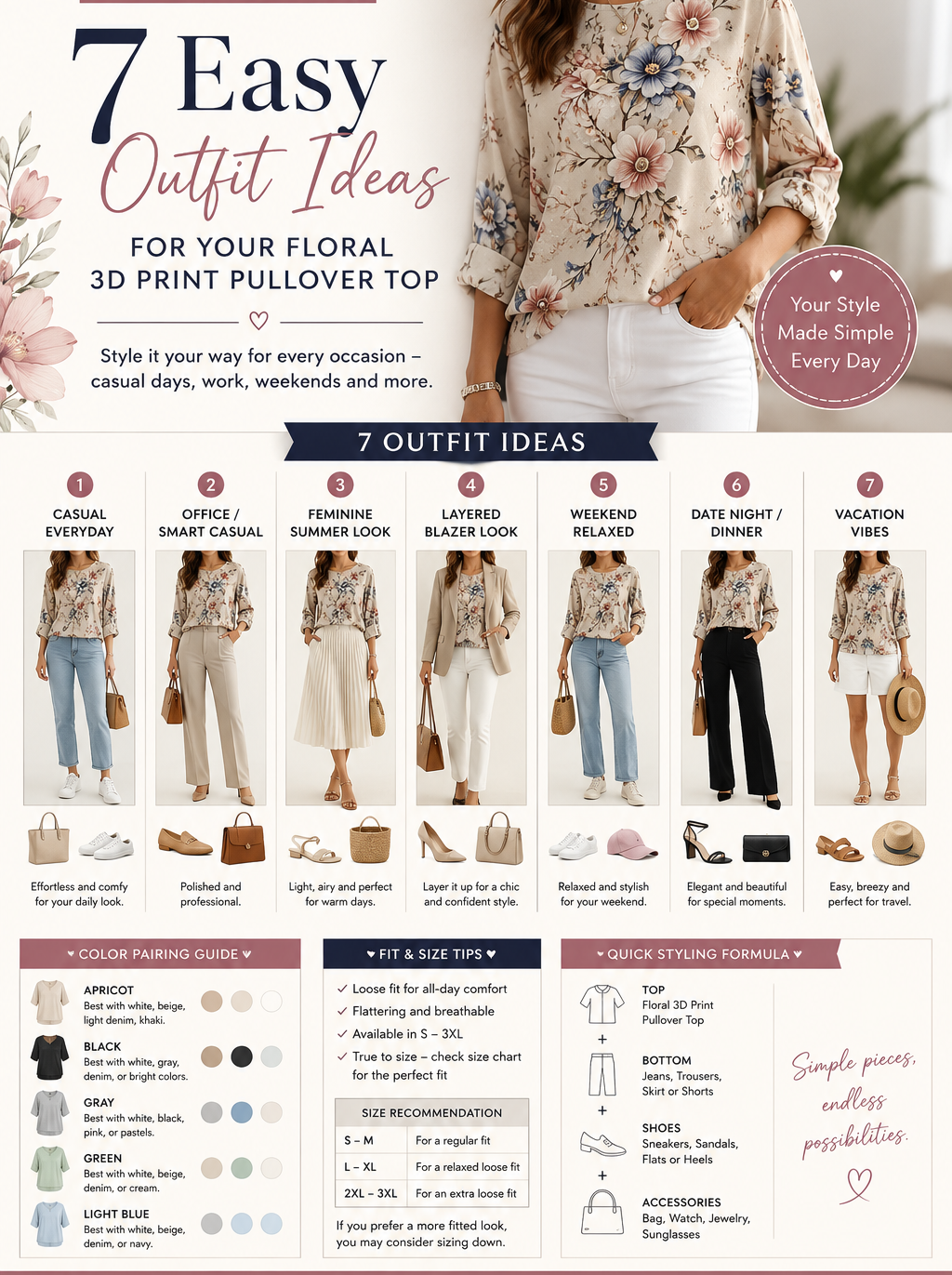 Women's floral 3D print pullover top by Plush Fashion Hub, loose fit casualwear with floral design in size S to 3XL.