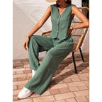 Women’s crop vest blazer and wide-leg pants set by FitiqueFit, casualwear, showing the stylish coordinated blazer and pants ensemble.