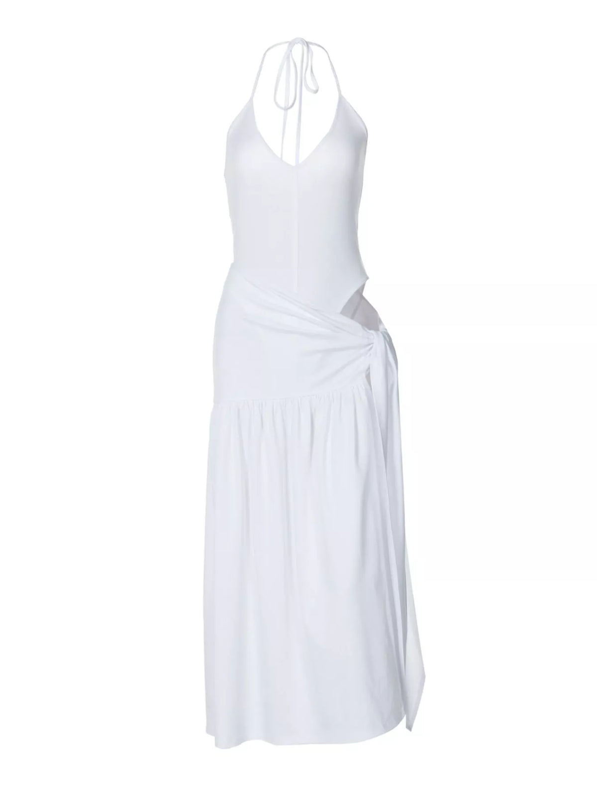 Plush Fashion Hub halter neck ruched bodysuit and matching maxi skirt two-piece set displayed on a mannequin.