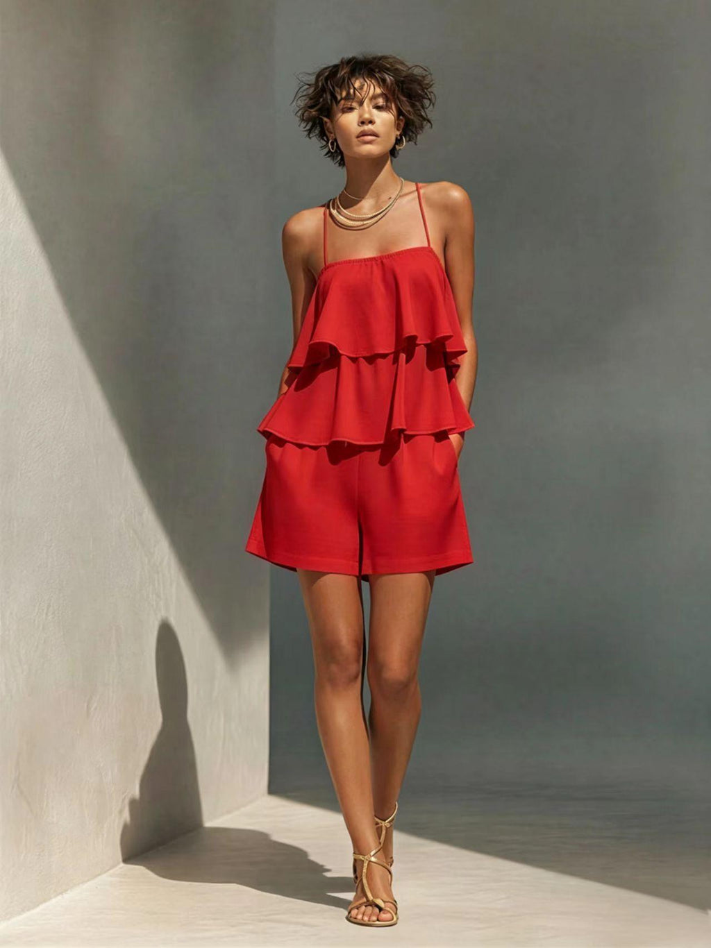 Women's multi-layer ruffle camisole and shorts set by FitiqueFit, casualwear with layered ruffle details and comfortable fit.