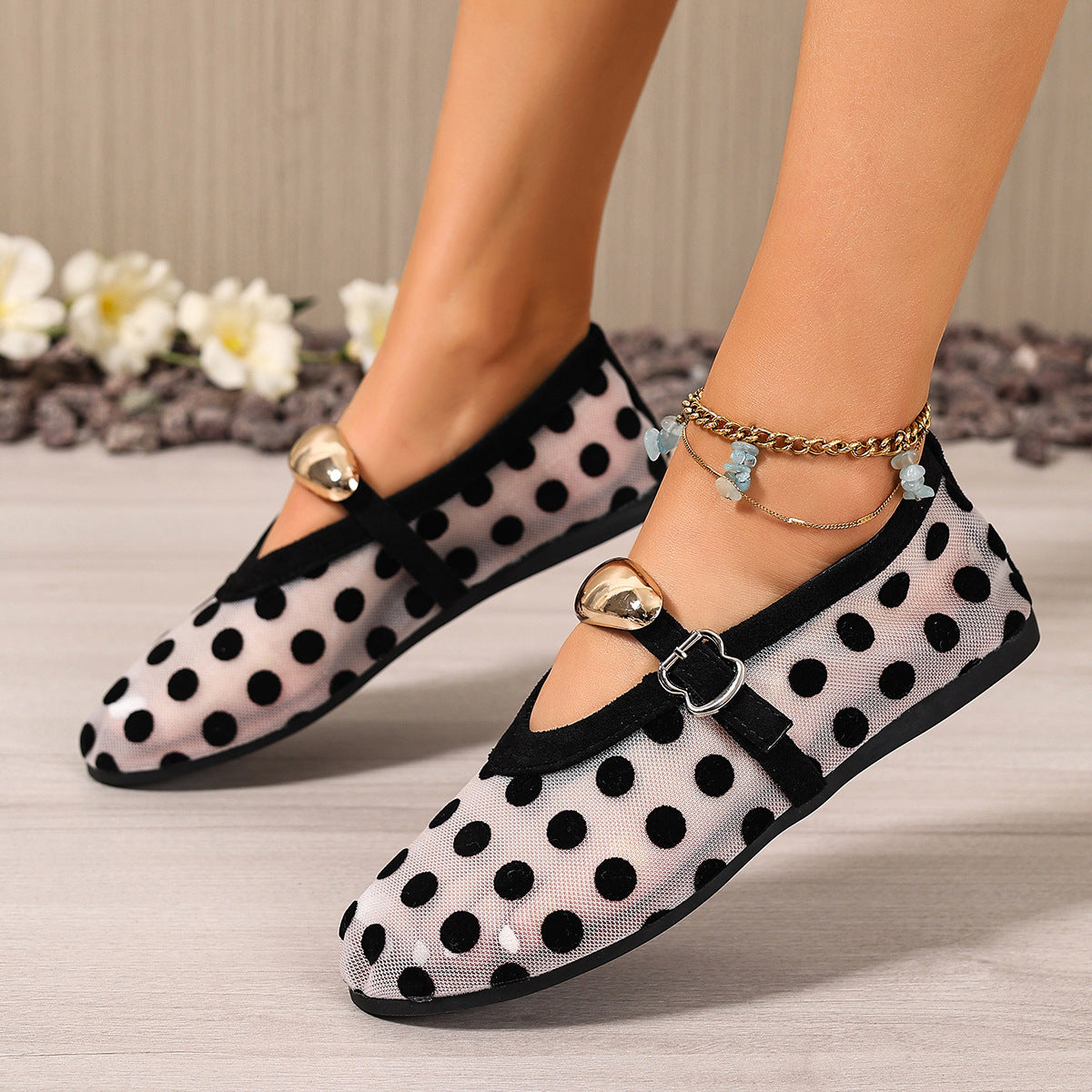 Women's polka dot mesh slip-on lightweight casual walking shoes by Plush Fashion Hub with breathable fabric and comfortable design.