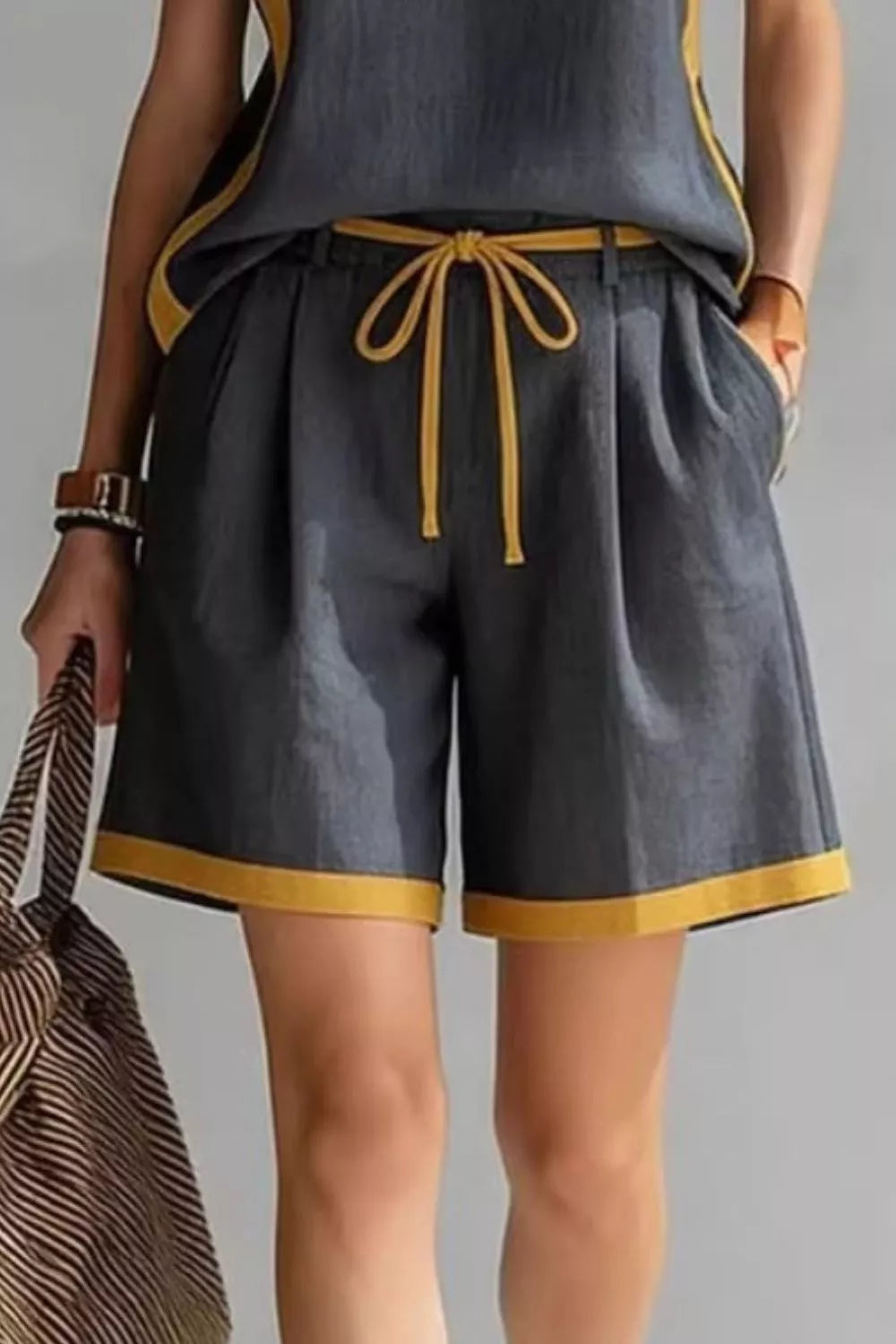 Contrast trim sleeveless tank and shorts loungewear set by Plush Fashion Hub, featuring a comfortable sleeveless top and matching shorts.