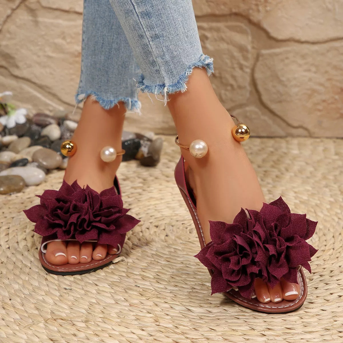 Plush Fashion Hub floral decor flat sandals with colorful flower embellishments and comfortable flat sole.