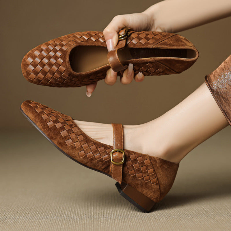 Women's plush sheepskin Mary Jane shoes with single strap and round toe, flat leather footwear by Plush Fashion Hub.