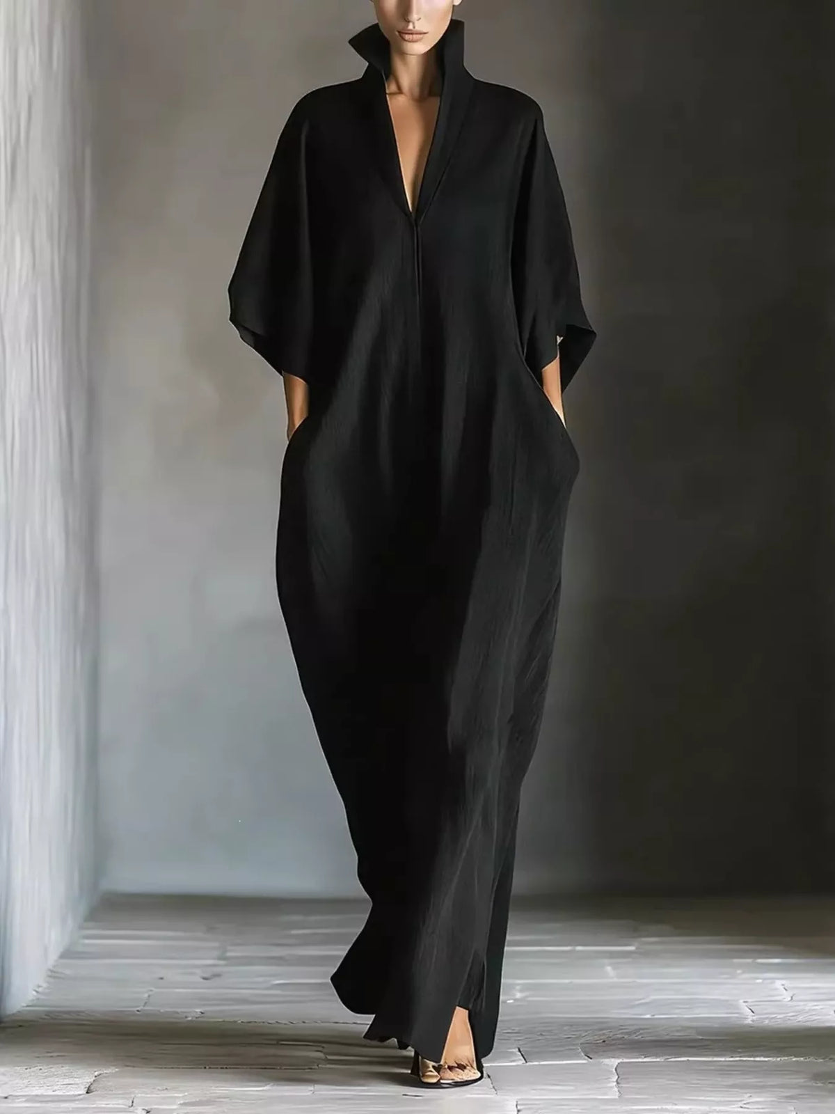 Plush Fashion Hub 3/4 sleeve maxi dress with pockets, flowing fabric, and a stylish, casual design perfect for everyday wear.