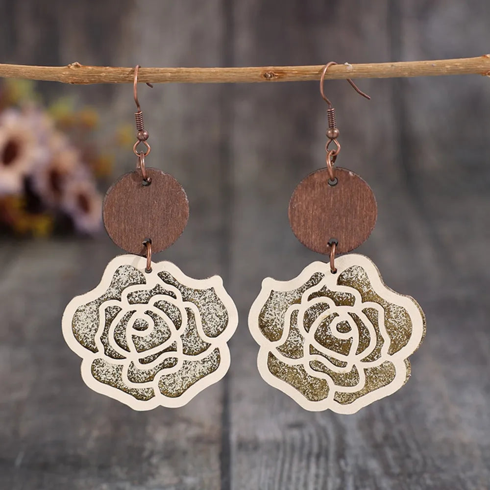 Wooden alloy rose shape dangle earrings from Plush Fashion Hub, featuring floral design and elegant hanging style.