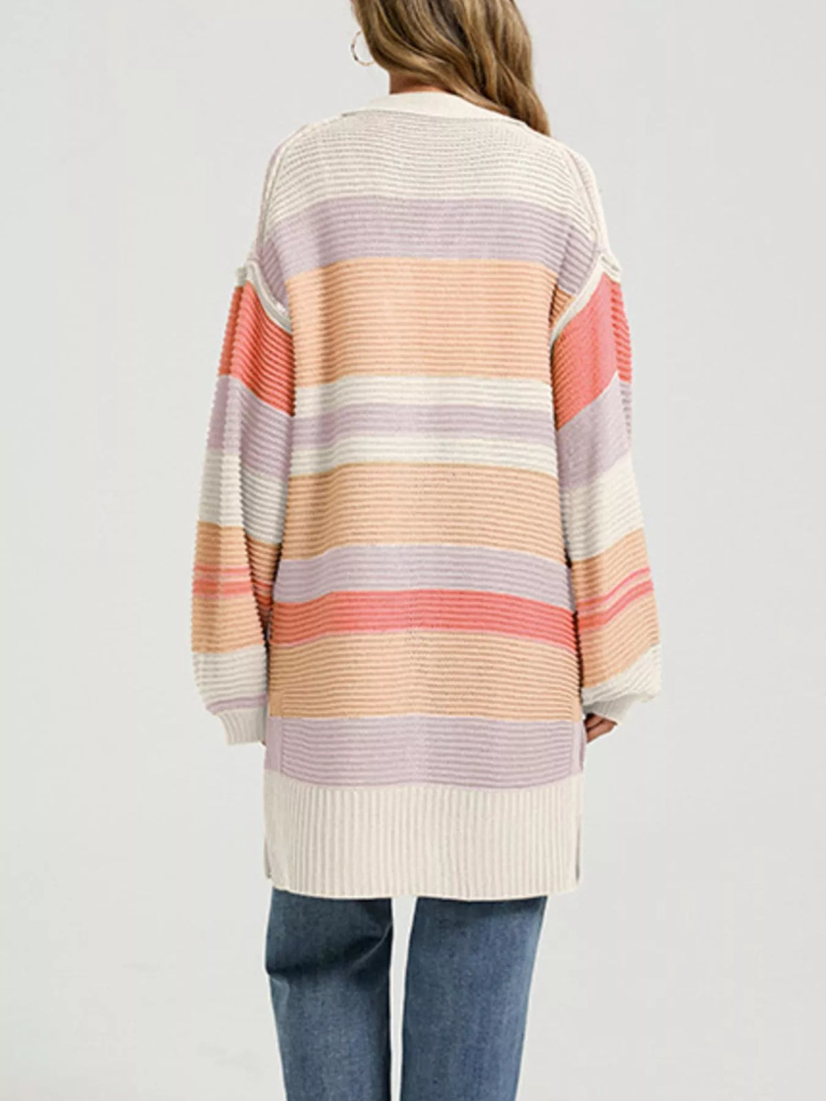 Color block striped open front cardigan by Trendsi featuring bold color blocks and a relaxed fit, perfect for casual wear.