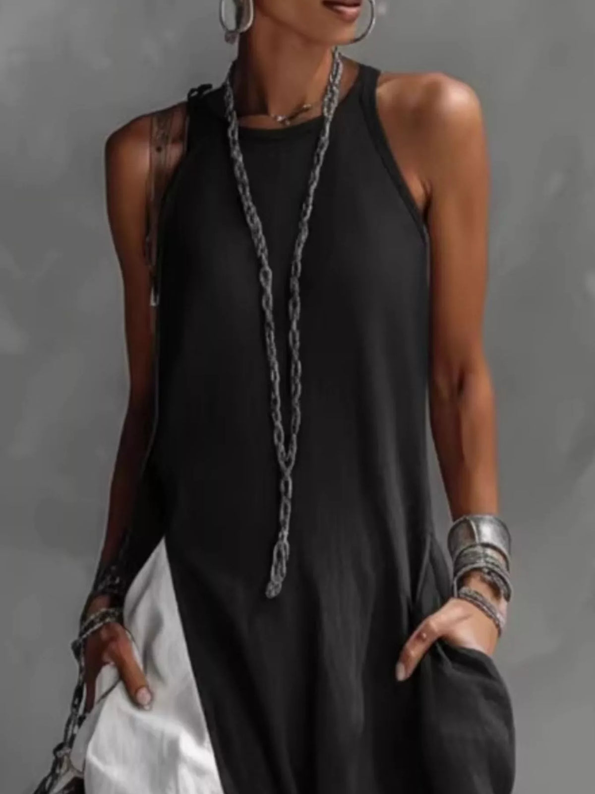 Two-tone sleeveless maxi dress by Plush Fashion Hub, elegant casual summer gown with a floor-length design.
