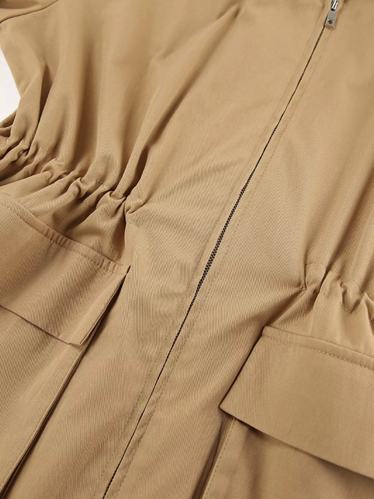 Oversized contrast collar jacket with drawstring waist, stylish trendi jacket featuring a modern design and casual fit.