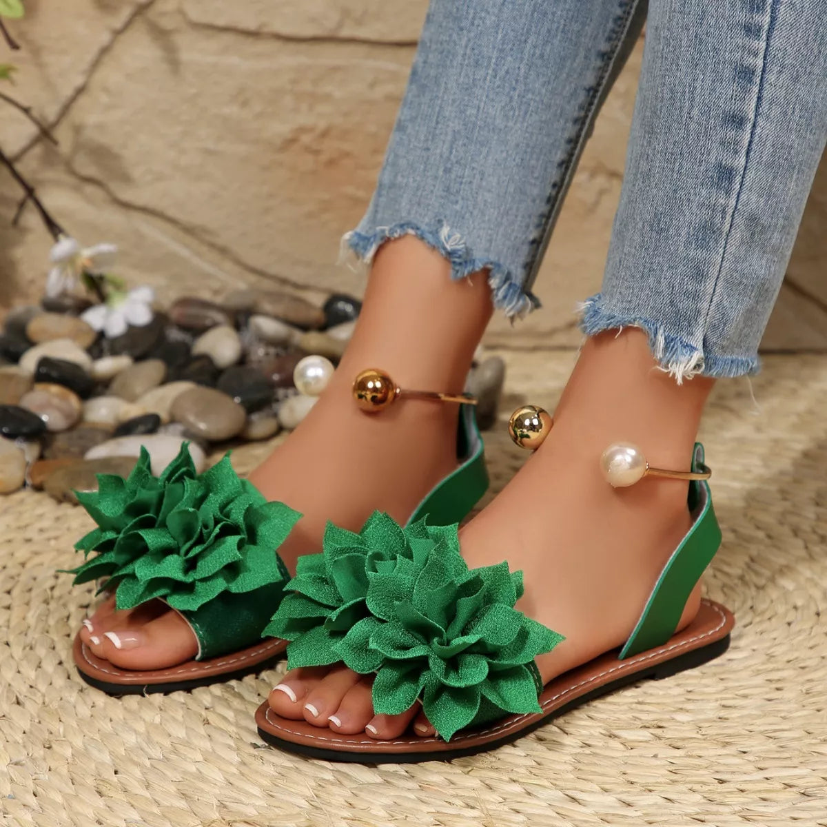 Plush Fashion Hub floral decor flat sandals with colorful flower embellishments and open-toe design.
