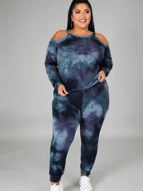 Plus size women's off-shoulder tie-dye casual suit featuring a relaxed fit and comfortable fabric, perfect for trendy everyday wear.