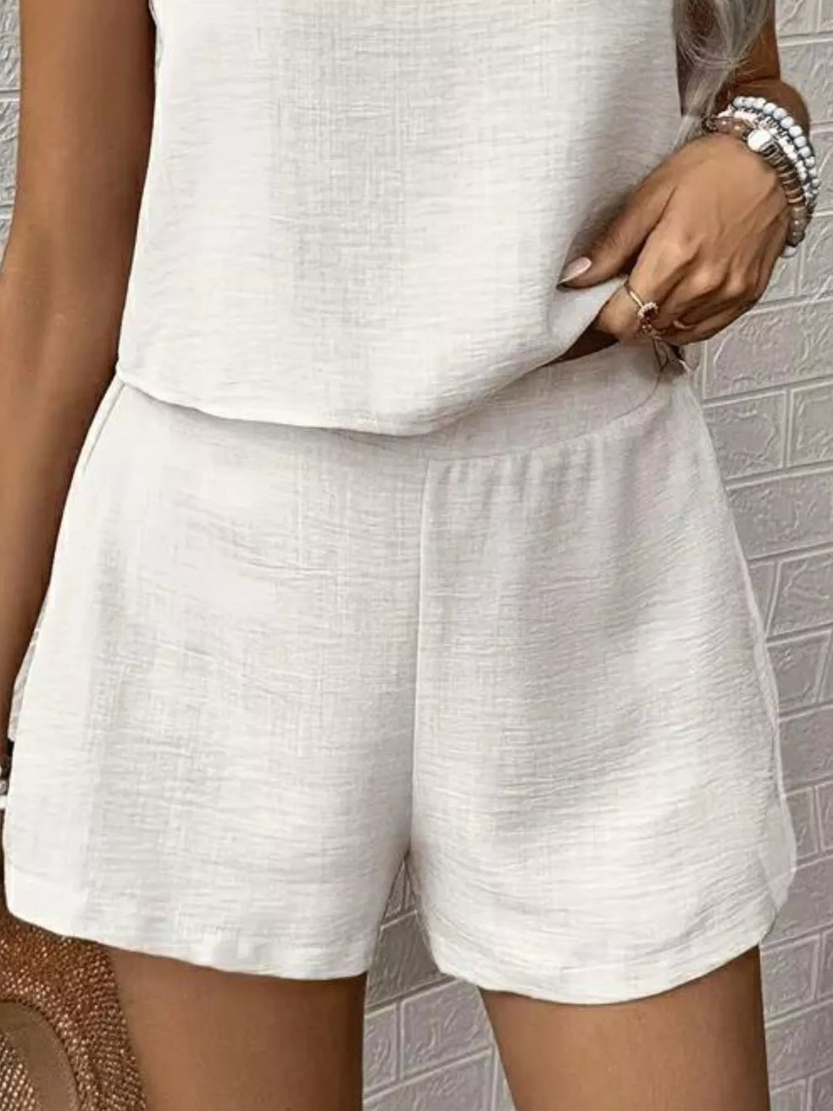 Plush Fashion Hub round neck tank top and shorts set, casual summer outfit, soft fabric, and comfortable fit.