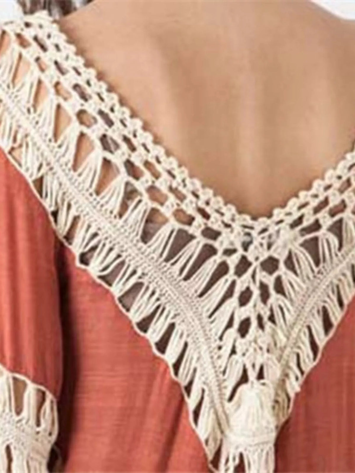 Crochet-trimmed long sleeve plush fashion hub swim cover-up, lightweight and stylish for beach or poolside wear.